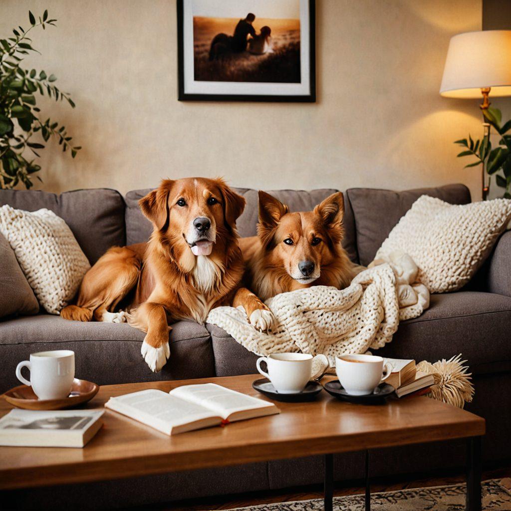 A warm, cozy living room scene that captures a couple sharing a tender moment, surrounded by soft lighting, plush cushions, and personal mementos like framed photos. Include elements like a steaming cup of tea, a pet cuddling at their feet, and books about love and relationships on the coffee table to symbolize intimacy and companionship. The atmosphere should feel inviting and affectionate. super-realistic. warm colors. soft focus.