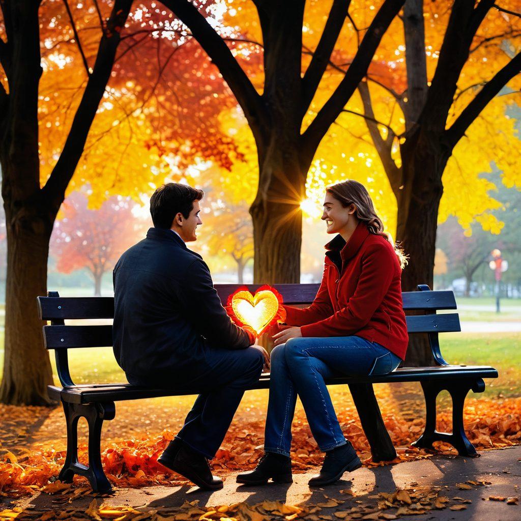 A couple sitting on a park bench deep in conversation, surrounded by a colorful autumn landscape, leaves falling around them. Their expressions reflect joy and connection, symbolizing love and meaningful relationships. Include a glowing heart-shaped aura around them to emphasize emotional warmth. Soft sunlight filtering through trees creates a romantic atmosphere. vibrant colors. painting.